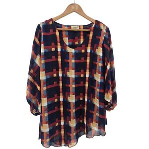 One World Tunic Top Womens 1X Multicolor Plaid Boho Sheer Overlay Sharkbite Hem